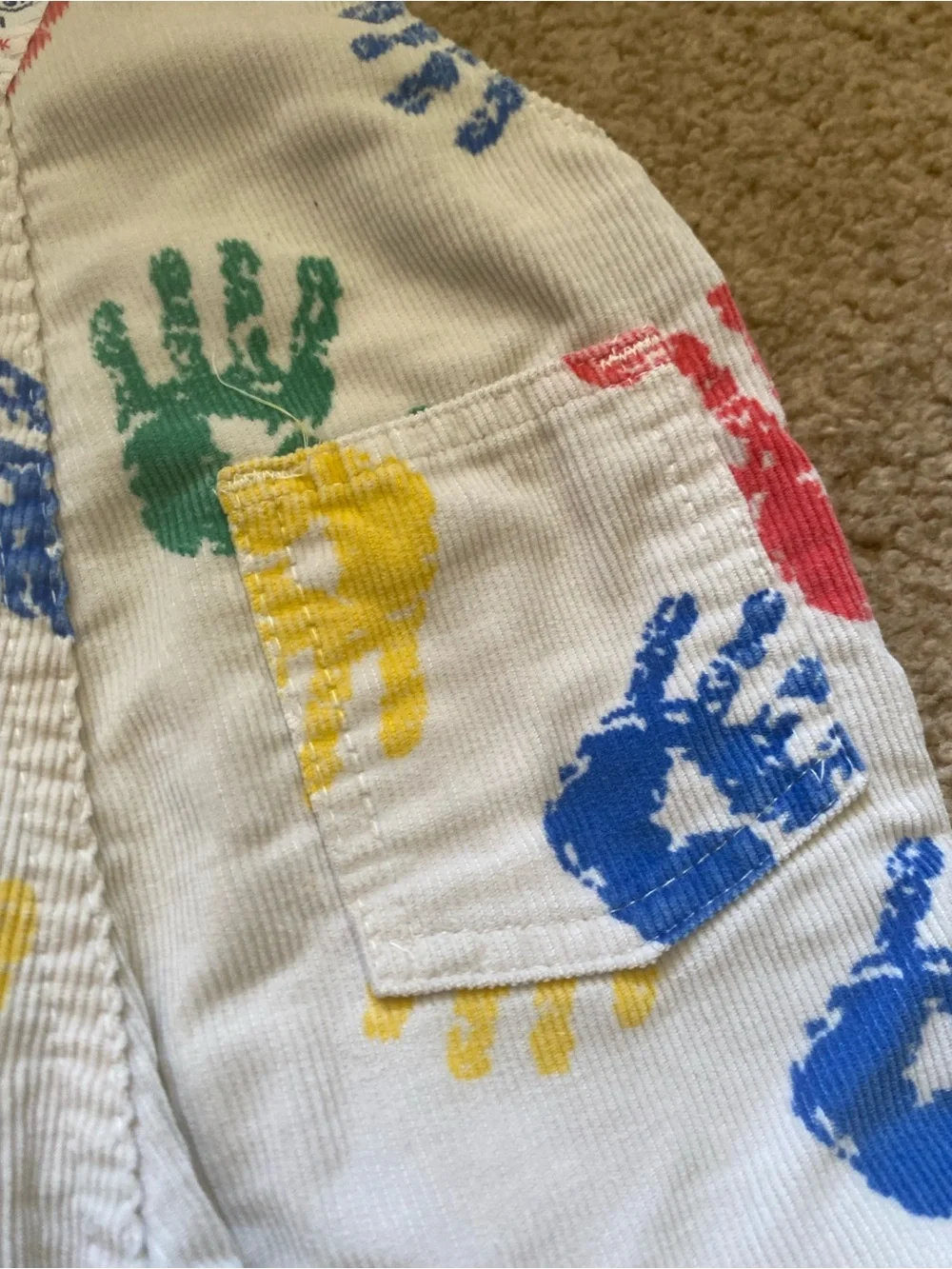 VTG 90s Oshkosh Handprint Corduroy Overalls 12 M White Vestback Made in USA